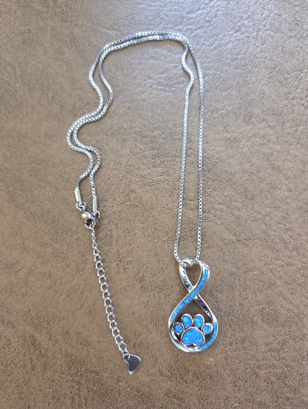 925 Sterling Silver Blue Fire Opal Infinity Paw Print Pendant Necklace